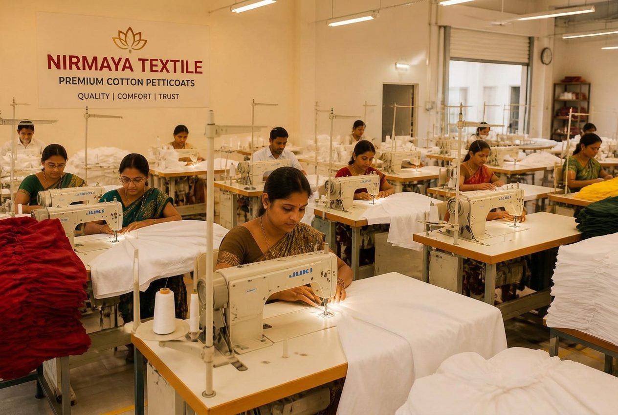 Nirmaya Textile petticoat manufacturing unit with 10 industrial sewing machines and skilled workers